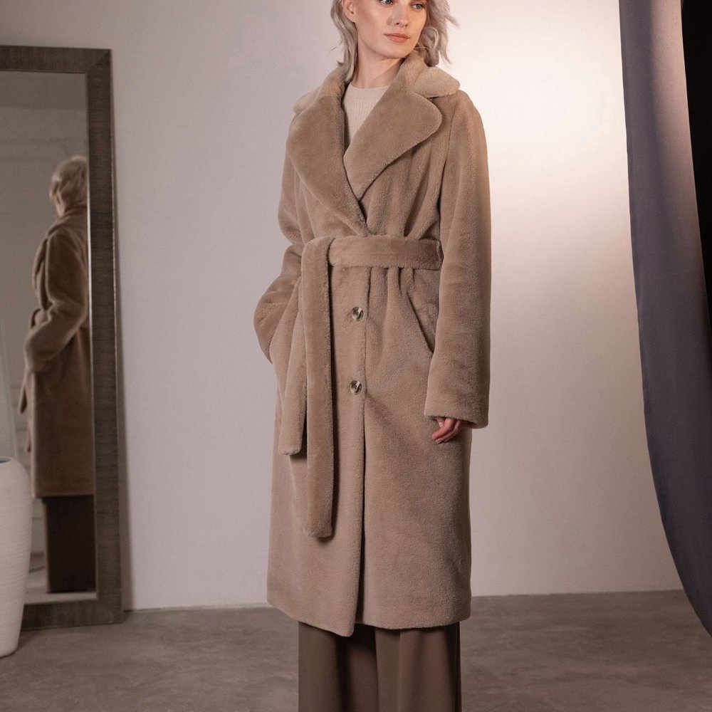 Lichi Double breasted belted faux-fur coat in coffee/beige color